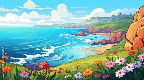 Coastal Cliffscape With Ocean Waves and Blooming Flowers photo