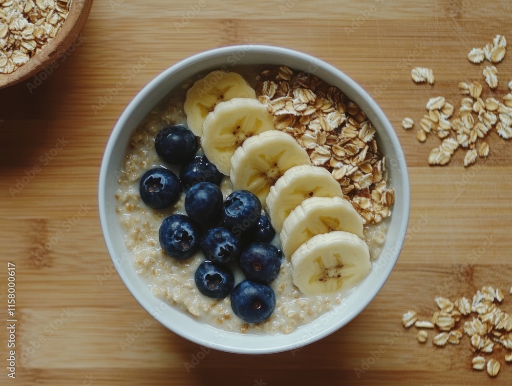 Oatmeal breakfast bowl with blueberries and banana slices, overhead shot.