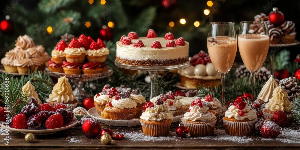 Festive dessert table display with cakes and treats holiday gathering food photography cozy atmosphere wide-angle view Festive dessert table display with cakes and treats holiday gathering food photography cozy atmosphere wide-angle view