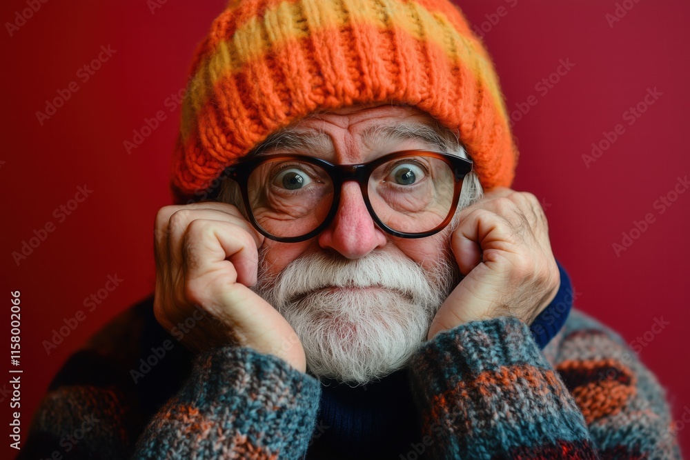 An elderly man with a white beard and glasses, wearing a colorful orange and yellow striped beanie and a cozy sweater. He has a surprised expression, with his hands on his cheeks.