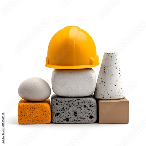 Colorful Building Blocks and Safety Helmet on Minimalist Background photo