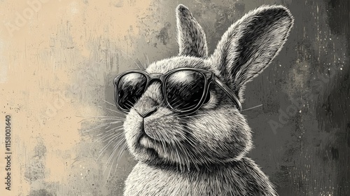 Easter bunny wearing sunglasses, illustrated in a vintage woodcut style, detailed lines, black and white with a single accent color