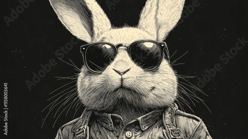 Easter bunny wearing sunglasses, illustrated in a vintage woodcut style, detailed lines, black and white with a single accent color
