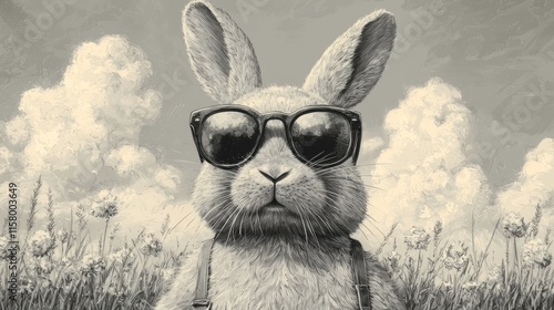 Easter bunny wearing sunglasses, illustrated in a vintage woodcut style, detailed lines, black and white with a single accent color