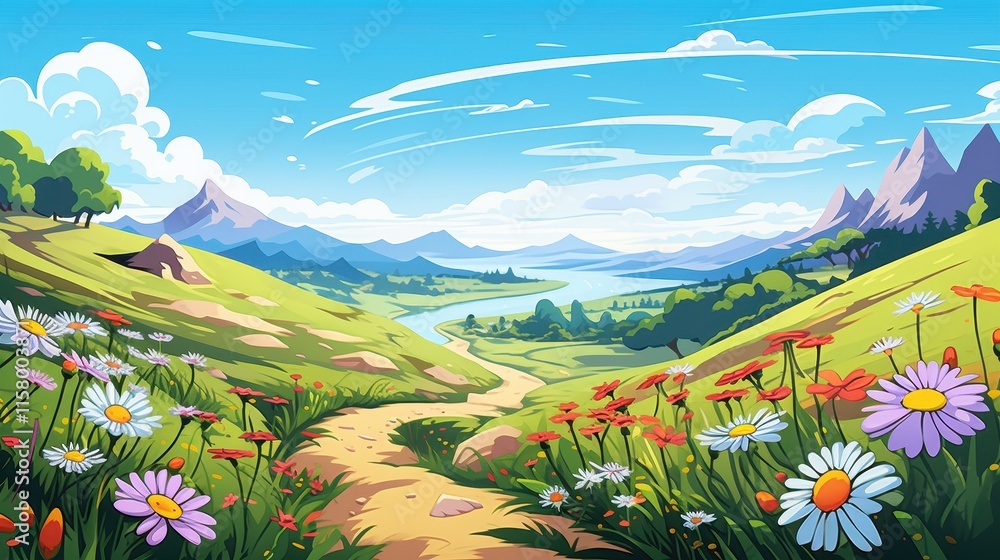 Fototapeta premium Serene Mountain Valley Path With Blooming Wildflowers