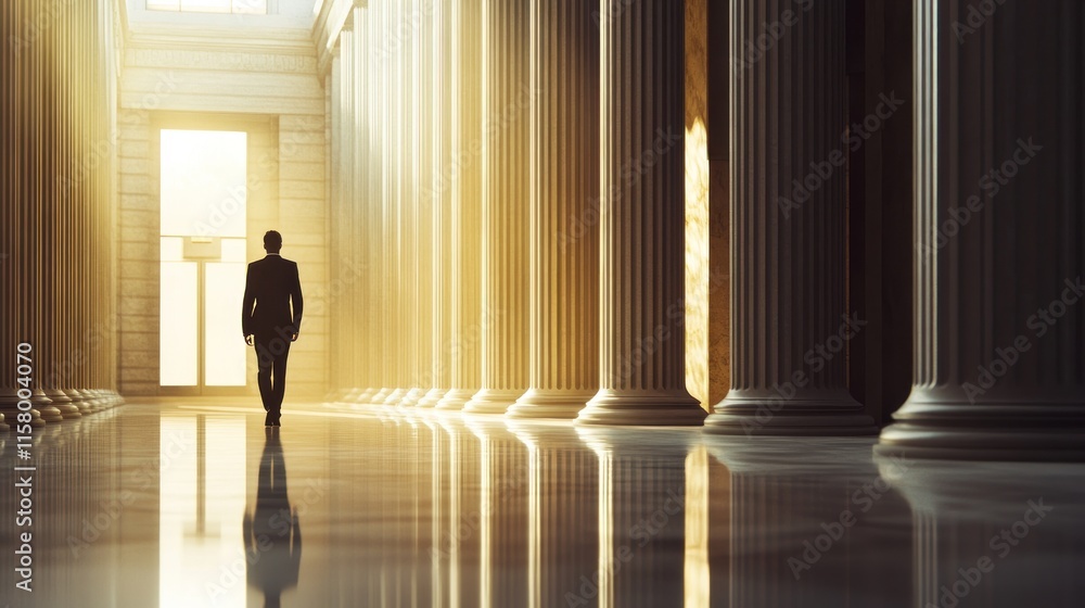 Man in suit walking through a grand hall with columns towards a bright window. Man in suit walking through a grand hall with columns towards a bright window.