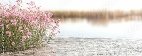 Serene Lakeside 3D Render: Pink Flowers by Calm Water photo