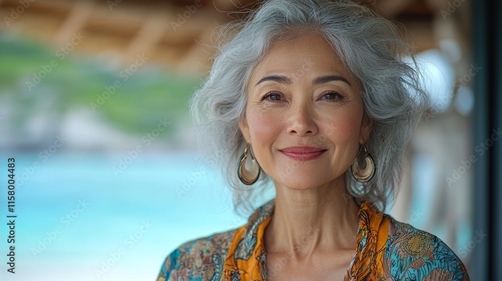 Joyful senior Asian woman smiling at the beach Joyful senior Asian woman smiling at the beach