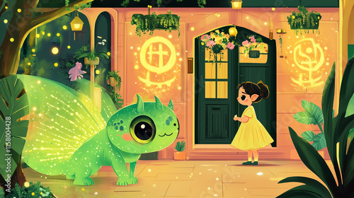 Magical children's book-style illustrations featuring friendly dragons and enchanted settings