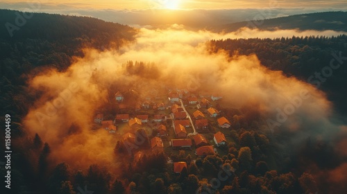 aerial drone bird s eye view photo of european village of central europe with red roofs and cozy streets beautiful natural morning sun lights and a fog in the valley photo