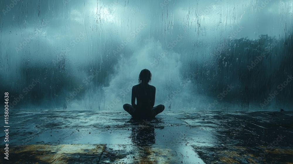 Lonely figure sitting by rain-streaked window, muted blue-gray tones, soft shadows, deep emotional introspection Lonely figure sitting by rain-streaked window, muted blue-gray tones, soft shadows, deep emotional introspection