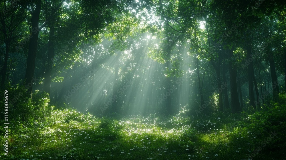 Obraz premium Lush green forest, sunlight streaming through trees, peaceful, serene