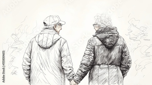 Line art drawing of a senior couple holding hands, elegant lines, minimalist style