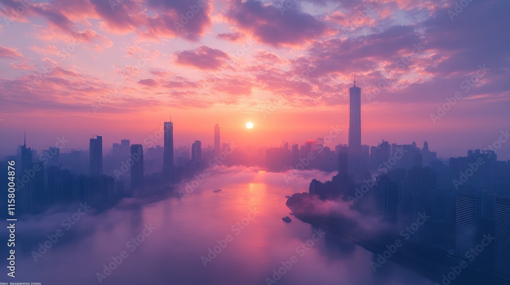 Fototapeta premium aerial view of a city skyline with fog and a sunrise in the background