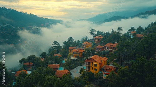 aerial top view of muree village islamabad with residential local houses and fog mist nature trees pakistan in urban city town in asia buildings