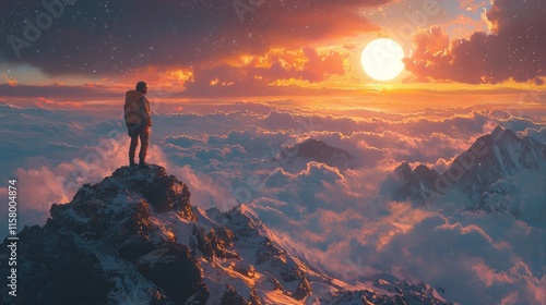 Person standing on mountain peak, looking towards horizon, representing future possibilities, epic landscape background