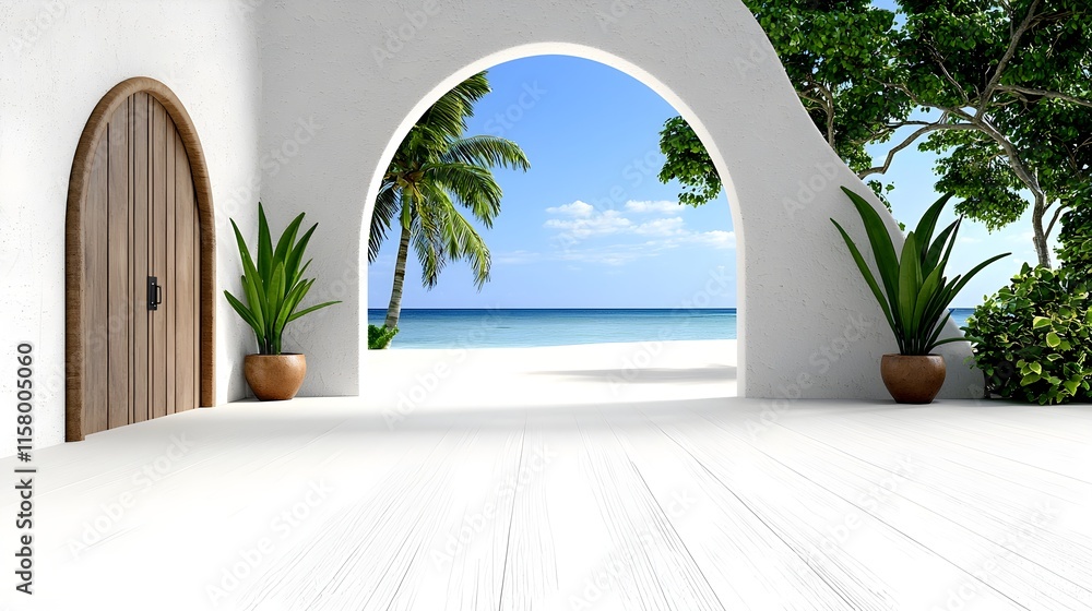 Fototapeta premium Serene Coastal Retreat with Archway and Lush Greenery View