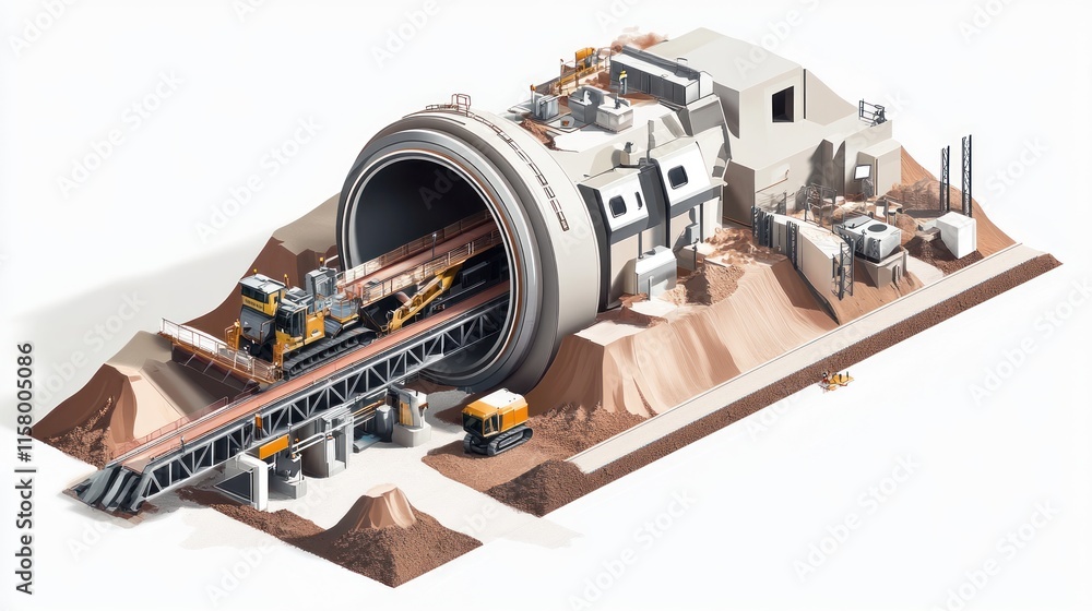Isometric illustration of a tunnel boring machine excavating a tunnel. Isometric illustration of a tunnel boring machine excavating a tunnel.