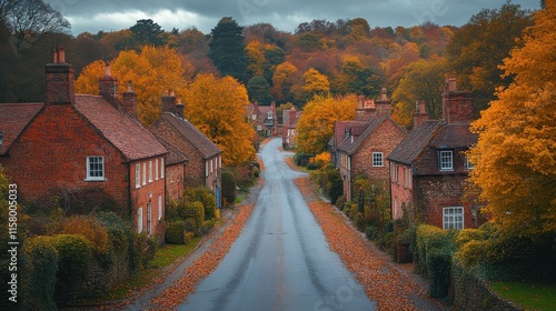 aerial view of beautiful autumn trees in front of dorking an historical market town in surrey south east england uk