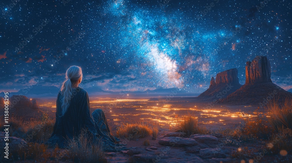 Fototapeta premium Senior woman gazing at a starry night sky from a desert landscape, peaceful, contemplative, vastness
