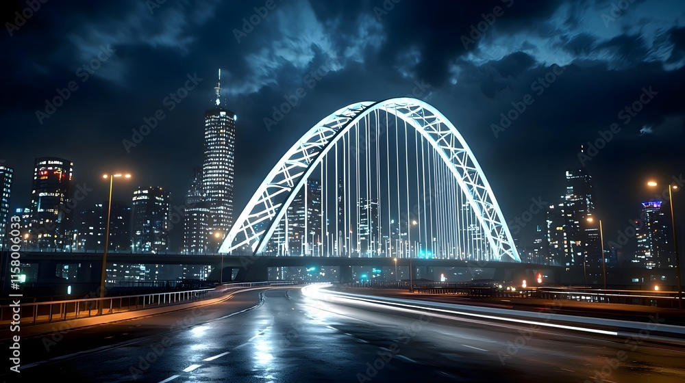 Obraz premium Nighttime Urban Landscape with Illuminated Bridge and City Skyline