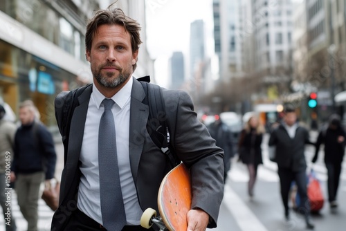 A determined businessman carrying a skateboard strides through a busy downtown street, representing the blend of career focus and active lifestyle.