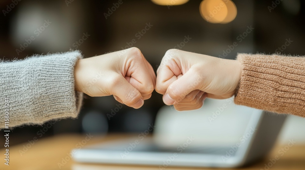Obraz premium A dynamic image of two empowered businesswomen fist bumping during a conference room meeting, symbolizing collaboration and success as they work together on a laptop.