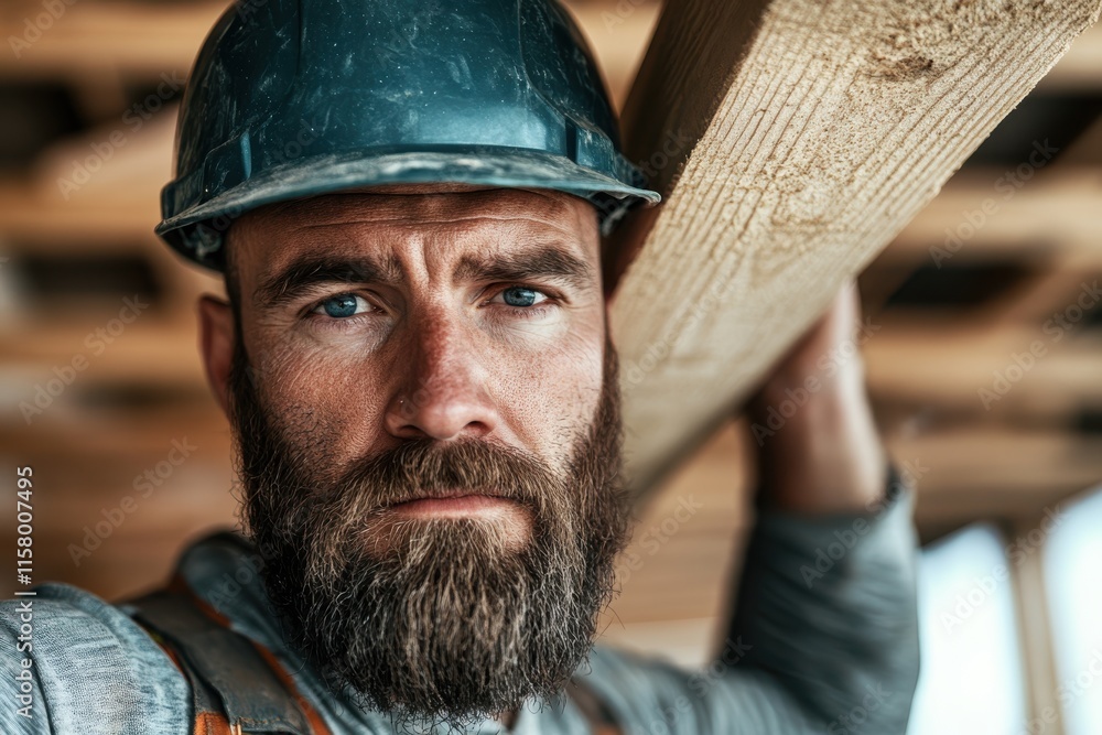 An intense, rugged worker with a full beard holds a wooden beam on his shoulder in a construction site, symbolizing resilience and determination. An intense, rugged worker with a full beard holds a wooden beam on his shoulder in a construction site, symbolizing resilience and determination.