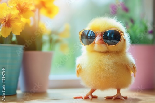 Funny easter chick wearing sunglasses bright room greeting card spring vibes close-up holiday concept photo