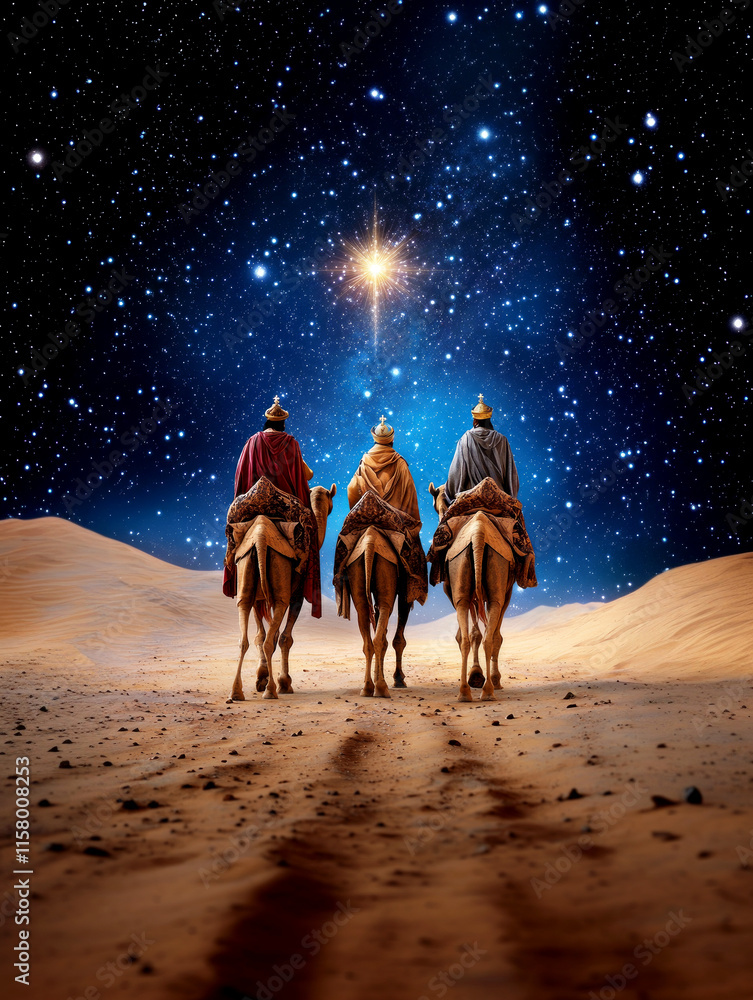© LiliGraphie - Three Wise Men traveling on camels. Three Kings on camels under the Star of Bethlehem. Biblical Christmas and Epiphany scene in desert night illustration. © LiliGraphie - Three Wise Men traveling on camels. Three Kings on camels under the Star of Bethlehem. Biblical Christmas and Epiphany scene in desert night illustration.