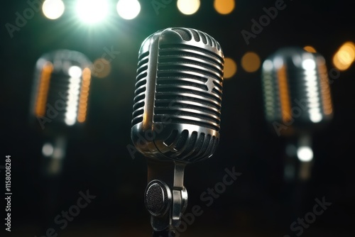 Three classic vintage microphones stand prominently in focus against a background of blurred lights, representing the convergence of technology, art, and communication. photo