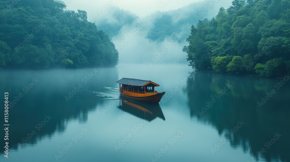 Naklejka premium beautiful scenery nature lake with fog mist over water morning with chinese style boat sailing at ban rak thai village resort enjoy holiday vacation tourism travel countryside in thailand
