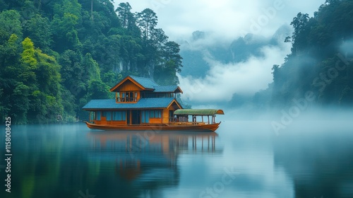 beautiful scenery nature lake with fog mist over water morning with chinese style boat sailing at ban rak thai village resort enjoy holiday vacation tourism travel countryside in thailand