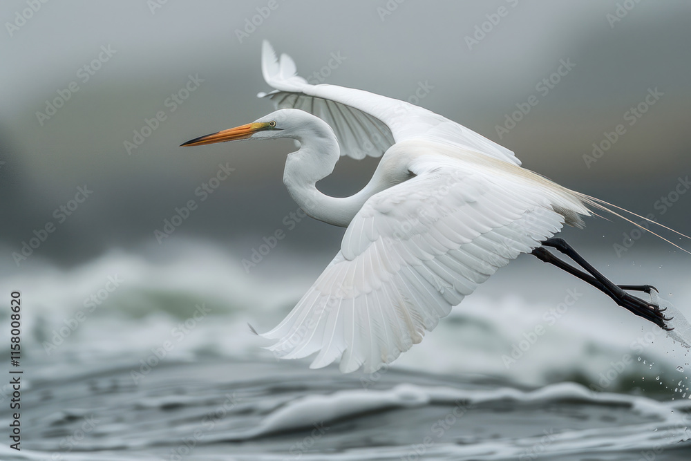 Obraz premium a great egret (Ardea alba) that has just taken off from the surface of the water,.