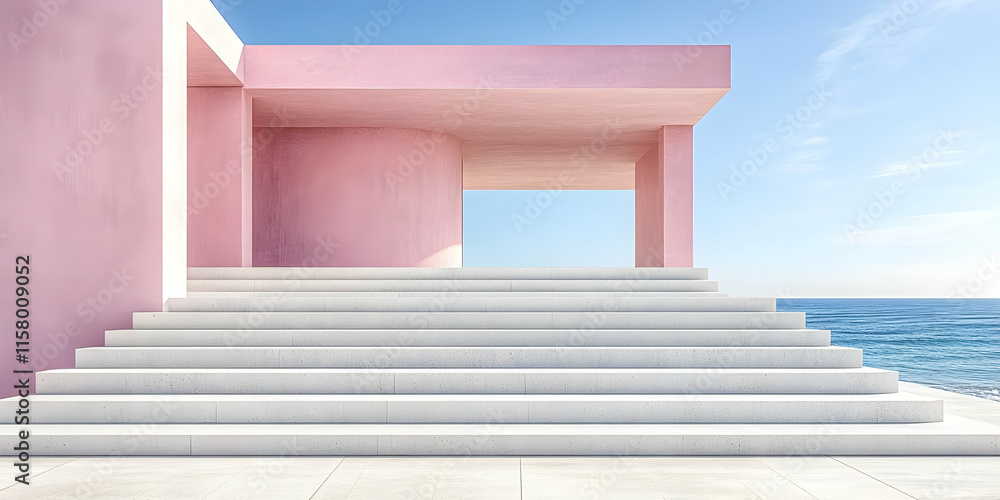 Coastal Minimalist Pink Architecture Steps 3D Render Coastal Minimalist Pink Architecture Steps 3D Render