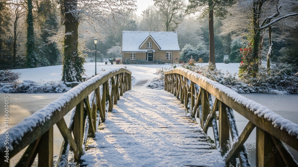 Obraz premium A snow-covered wooden bridge leading to a festive holiday cottage