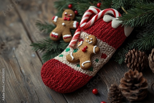 Festive christmas stocking with gingerbread cookies cozy cabin holiday decor rustic atmosphere close-up cheerful vibes photo