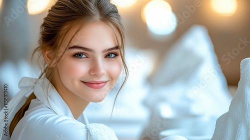 A woman in an apron, smiling as she cleans the kitchen table, creating a cheerful and organized home environment with her attention to detail. photo