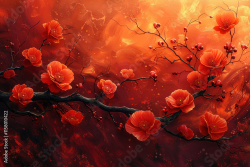 an abstract painting showing a branch with flowers against a background of bright red and orange melting texture reminiscent of lava or molten metal. ,.      photo