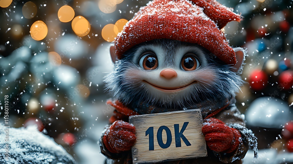 Cute cartoon elf holding a 10K sign in a snowy Christmas scene. Cute cartoon elf holding a 10K sign in a snowy Christmas scene.