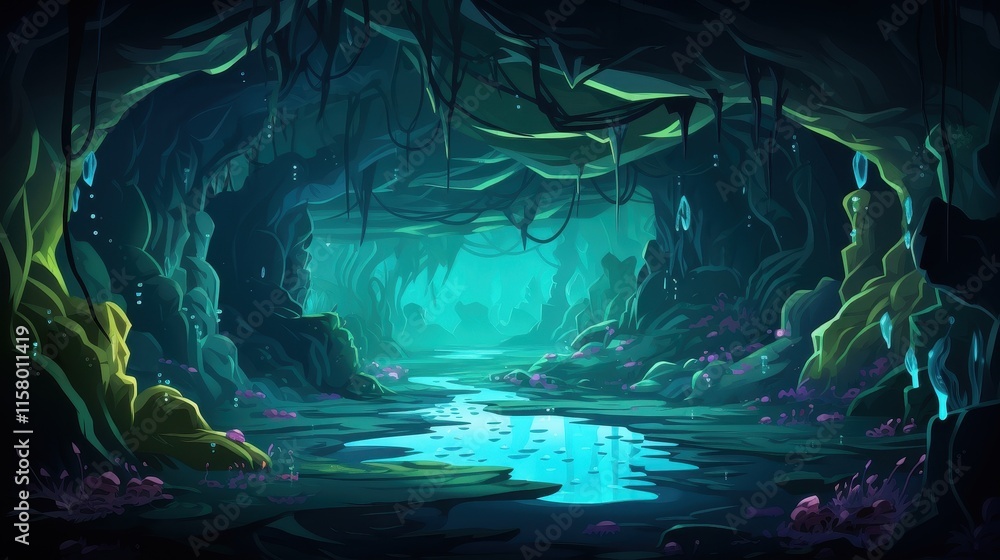 Fototapeta premium Enchanting Underwater Cave With Glowing Crystals and Flora