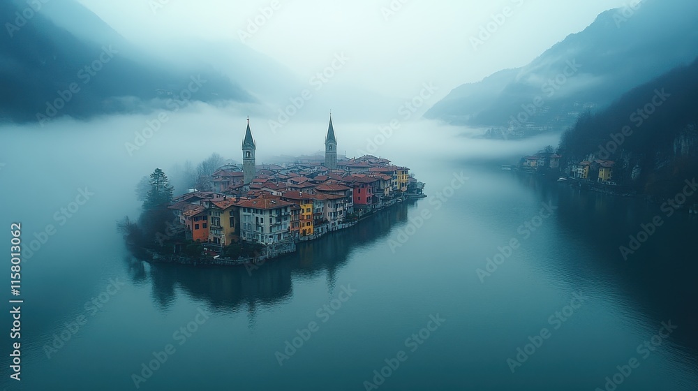 Obraz premium drone footage flying through the fog unvealing of the town the corippo valle verzasca
