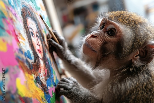 Creative monkey paints a vibrant portrait while exploring artistic expression in a lively studio setting photo