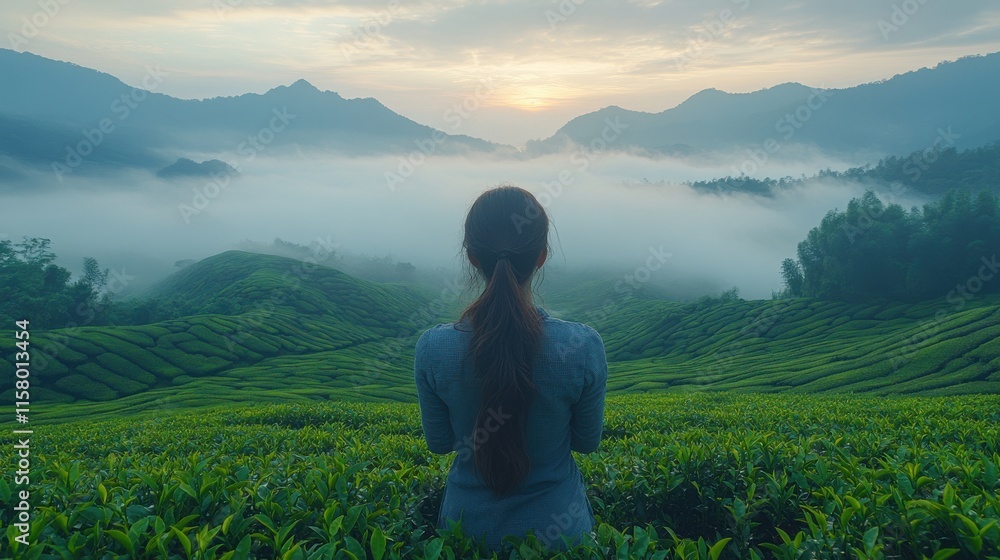 Naklejka premium early morning scenery of tea gardens in fresh spring atmosphere with ethereal fog in the valley silhouette of distant mountains in pinglin a rural town famous for tea plantation near taipei taiwan