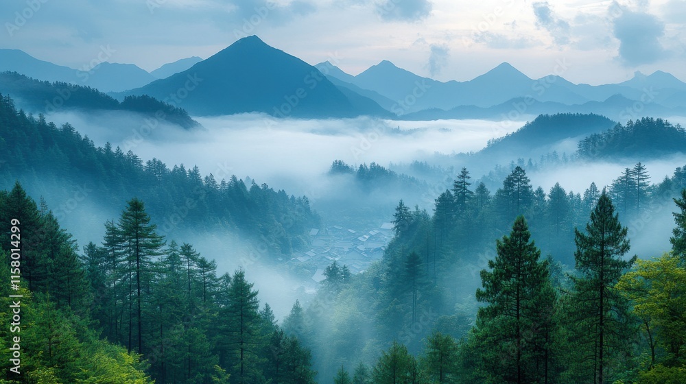 fog covering the peaks of distant mountains as it rolls over a forested village below fog covering the peaks of distant mountains as it rolls over a forested village below