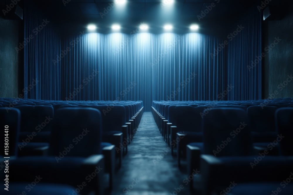 Empty theater awaits an evening filled with anticipation and stories under dim blue lights Empty theater awaits an evening filled with anticipation and stories under dim blue lights