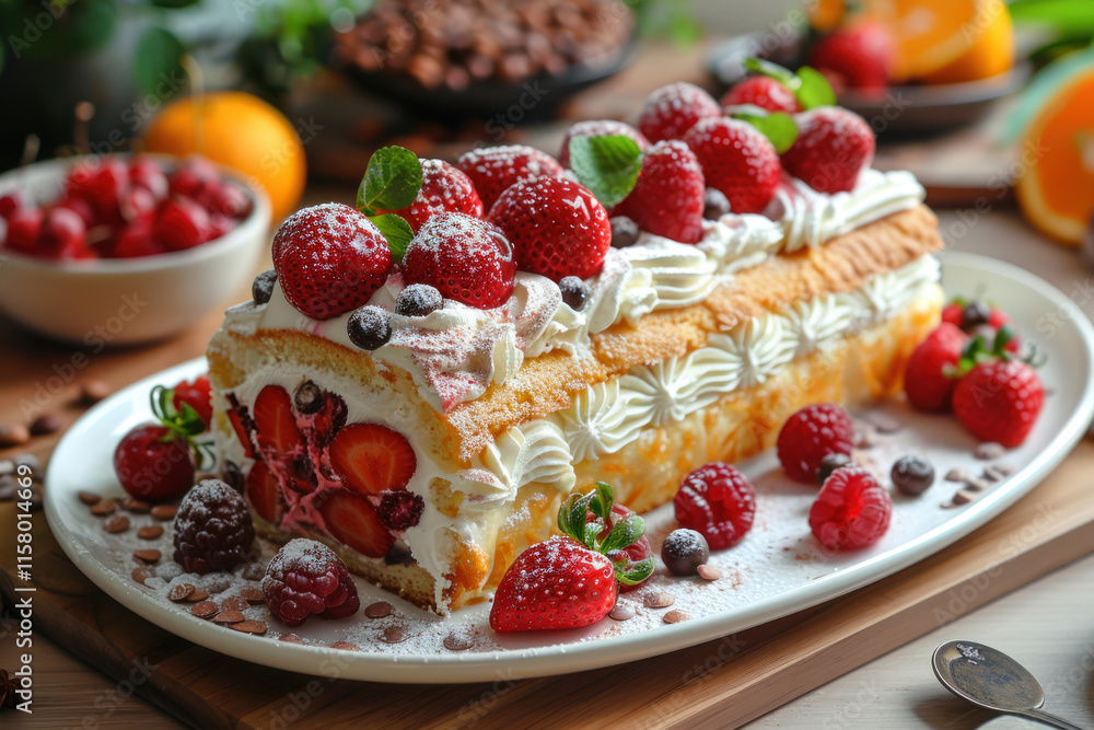 a lush dessert similar to a sponge roll or layer cake, decorated with fresh berries and cream. a lush dessert similar to a sponge roll or layer cake, decorated with fresh berries and cream.