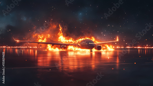 Airplane engulfed in flames on a runway at night. generative ai image. Starlit. Illustration photo