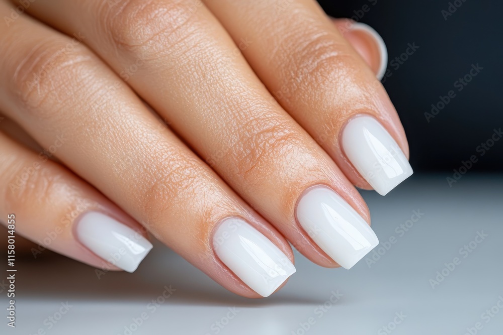 Elegant and glossy white manicure showcasing perfectly shaped nails and a refined aesthetic in natural light Elegant and glossy white manicure showcasing perfectly shaped nails and a refined aesthetic in natural light