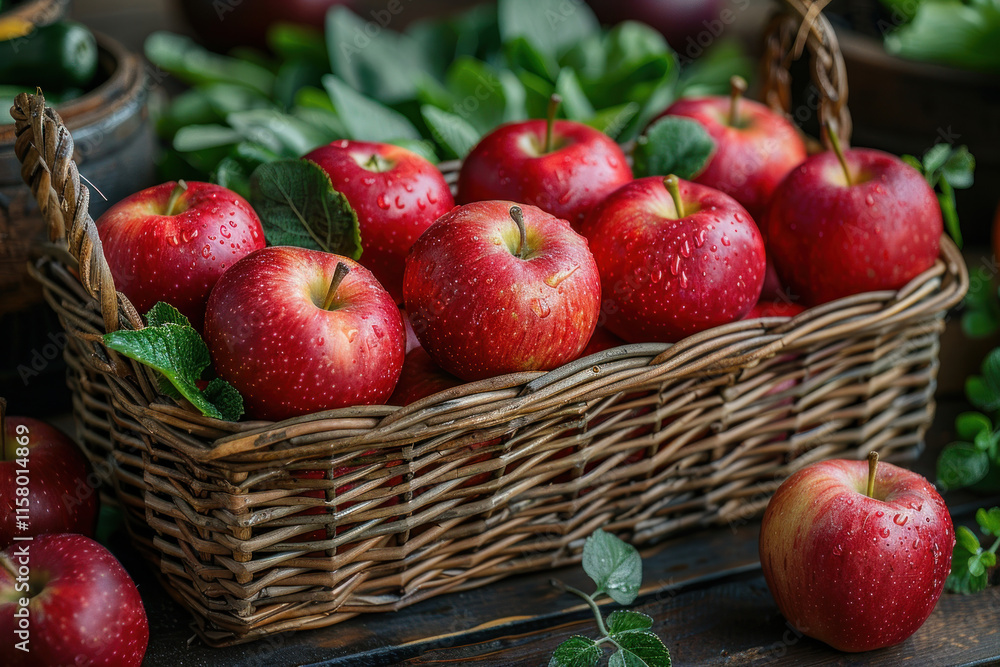 basket with fresh apples on the background of a vegetable garden basket with fresh apples on the background of a vegetable garden